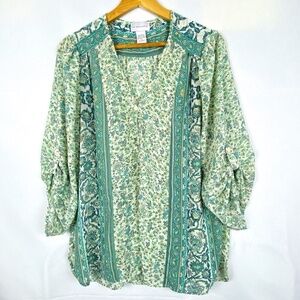 Soft Surroundings  Women  Sz M peasant top blouse ¾ sleeve Boho relaxed Roll-tab